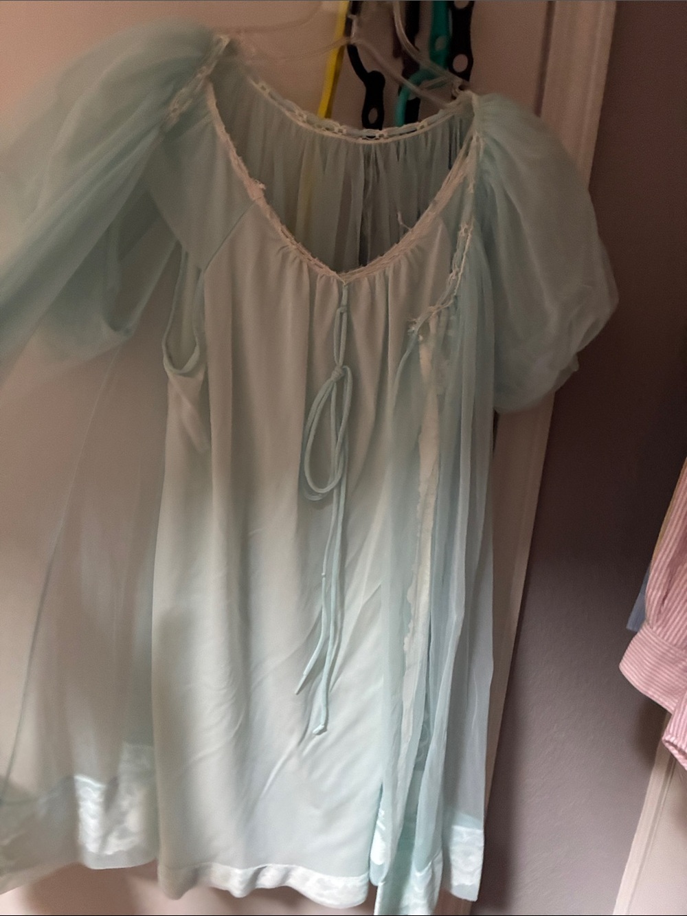 Miss Elaine Sheer Aqua Puff-Sleeve Peignoir - Picture 2 of 15
